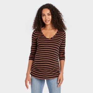 NWT Isabel Maternity By Ingrid & Isabel Side Shirred Tee Black Brown Stripe
